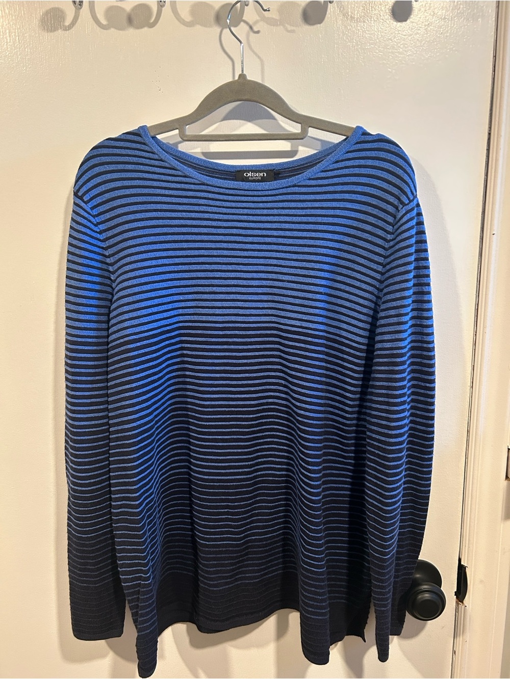 Olsen Blue and Black Striped Scoop Neck Sweater